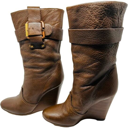 Chloe Prince Brown Mid Wedge Heel Leather Calf Boot Size 6 - Picture 3 of 14